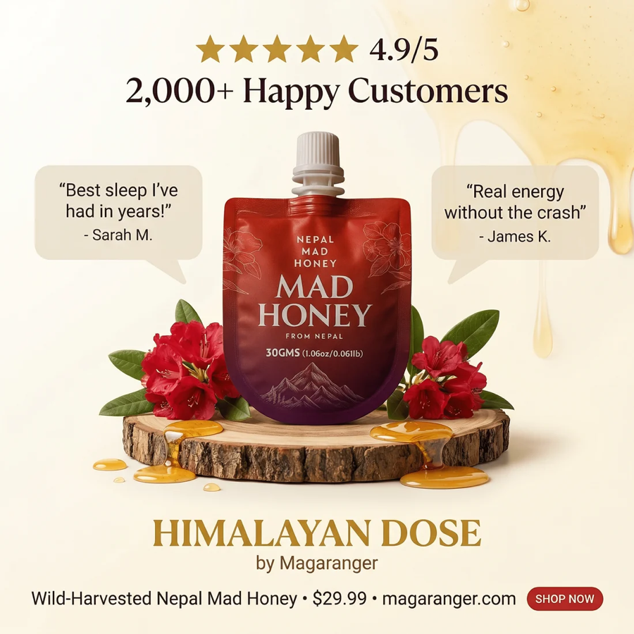 Jar of Magaranger Nepal Mad Honey (30g), authentic wild-harvested Himalayan cliff honey